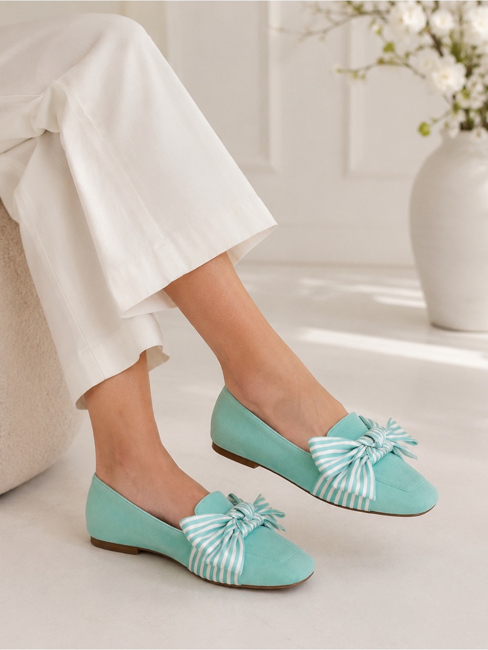Talbots Mint Aqua Suede Loafers Flats Striped Bow Square Toe Size 6M